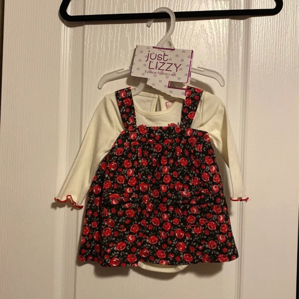Bran New -Corduroy dress with flower White onesie underneath! 3-6 months